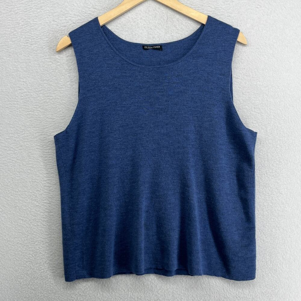 EILEEN FISHER Sweater L Merino Wool Tank Vest Round Neck Pullover Blue